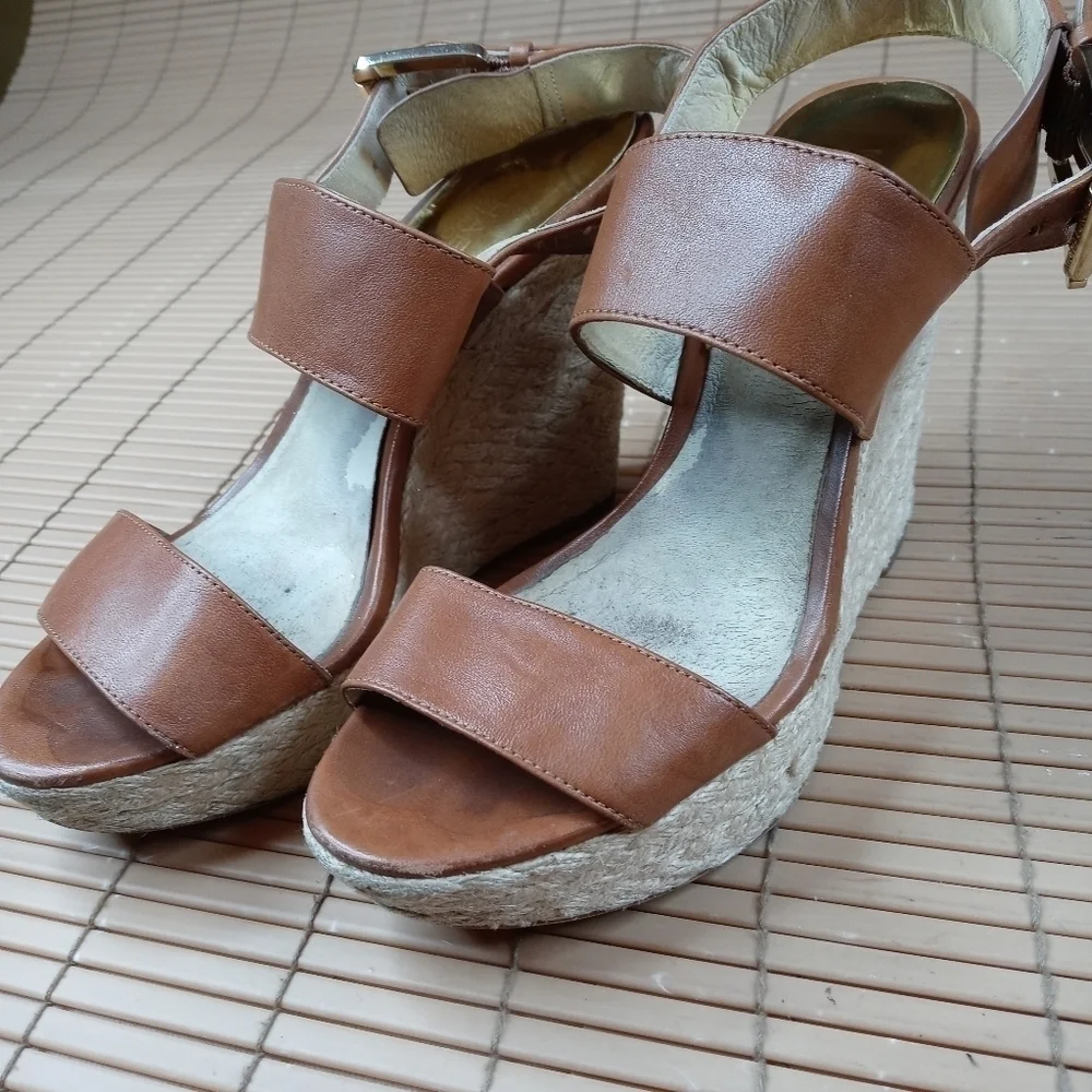 Michael Kors women's brown leather ankle strap wedge platform espadrille. 4